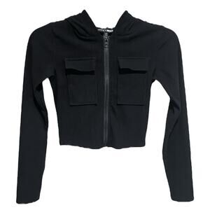 Fashion Nova Womens Full Zip Cropped Hoodie Size XS Black Ribbed Baddie Pockets